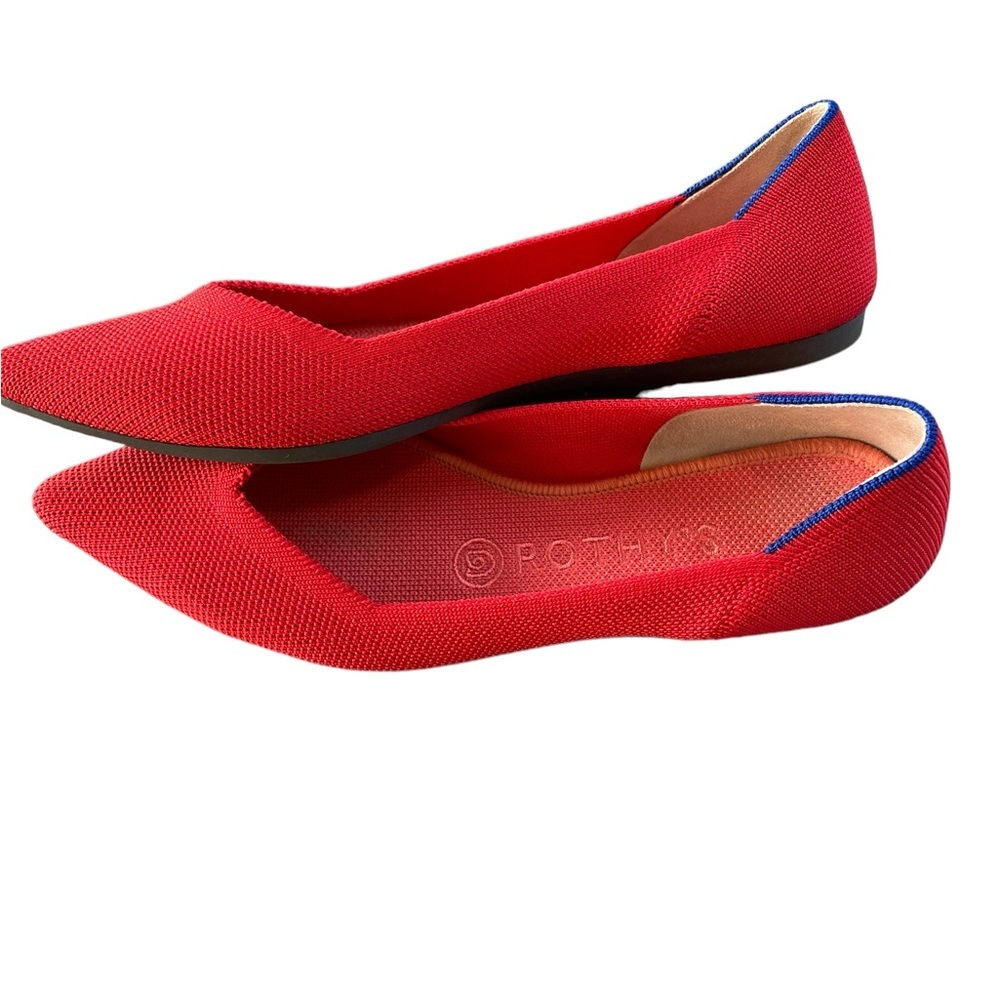 Rothy's Pointed Toe Flats in Red with Blue Trim
